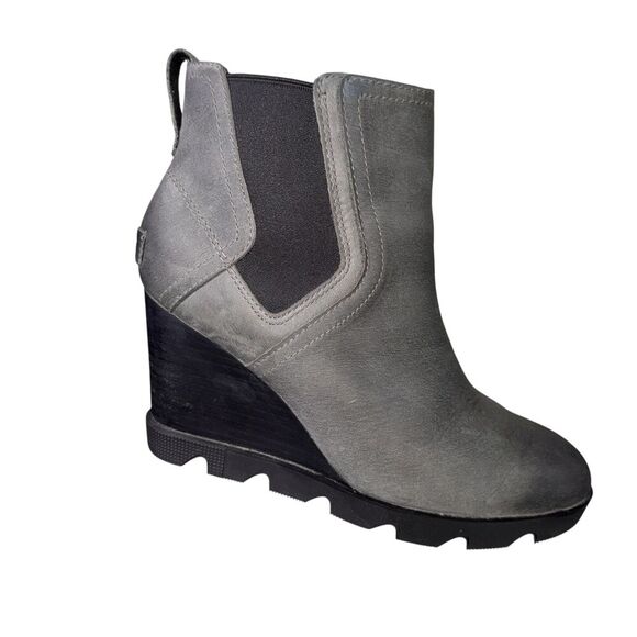 Sorel JOAN UPTOWN Wedge Chelsea Boots Womens Sz 7.5 Gray Leather - Picture 3 of 8
